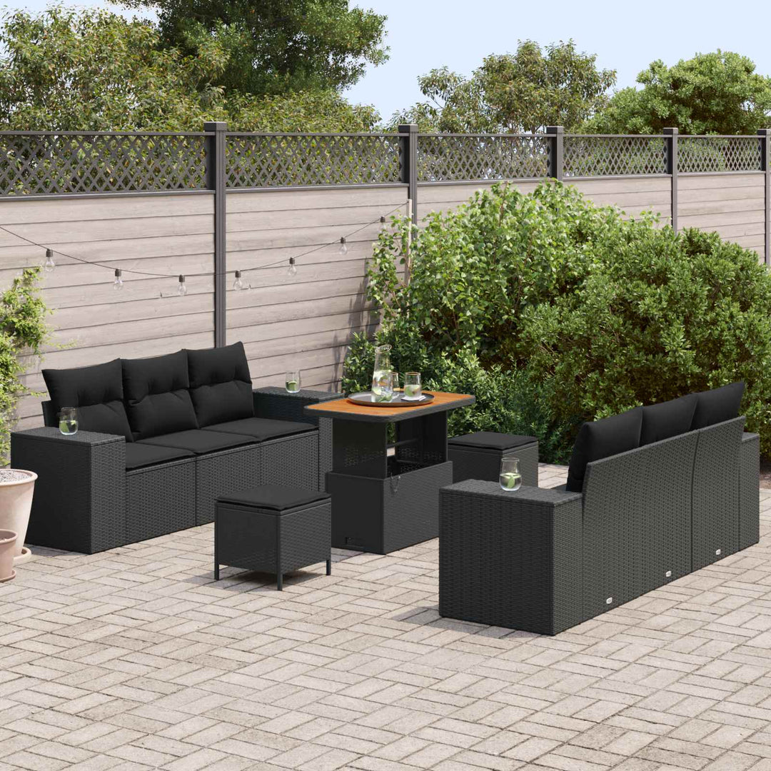 Havesofa Sæt med pude med opbevaring 9 pcs Sort Poly Rattan