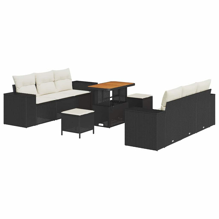 Havesofa Sæt med pude med pude 9 pcs Sort og Cream Poly Rattan