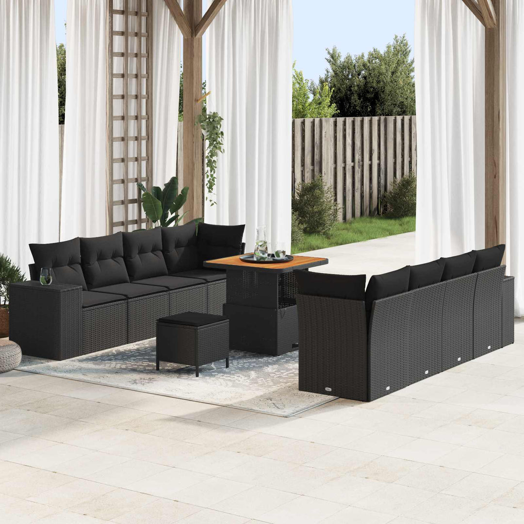 Havesofa Sæt med pude med opbevaring 11 pcs Sort polyrattan