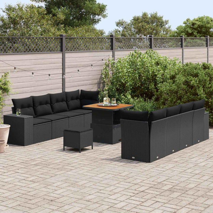Havesofa Sæt med pude med opbevaring 11 pcs Sort polyrattan