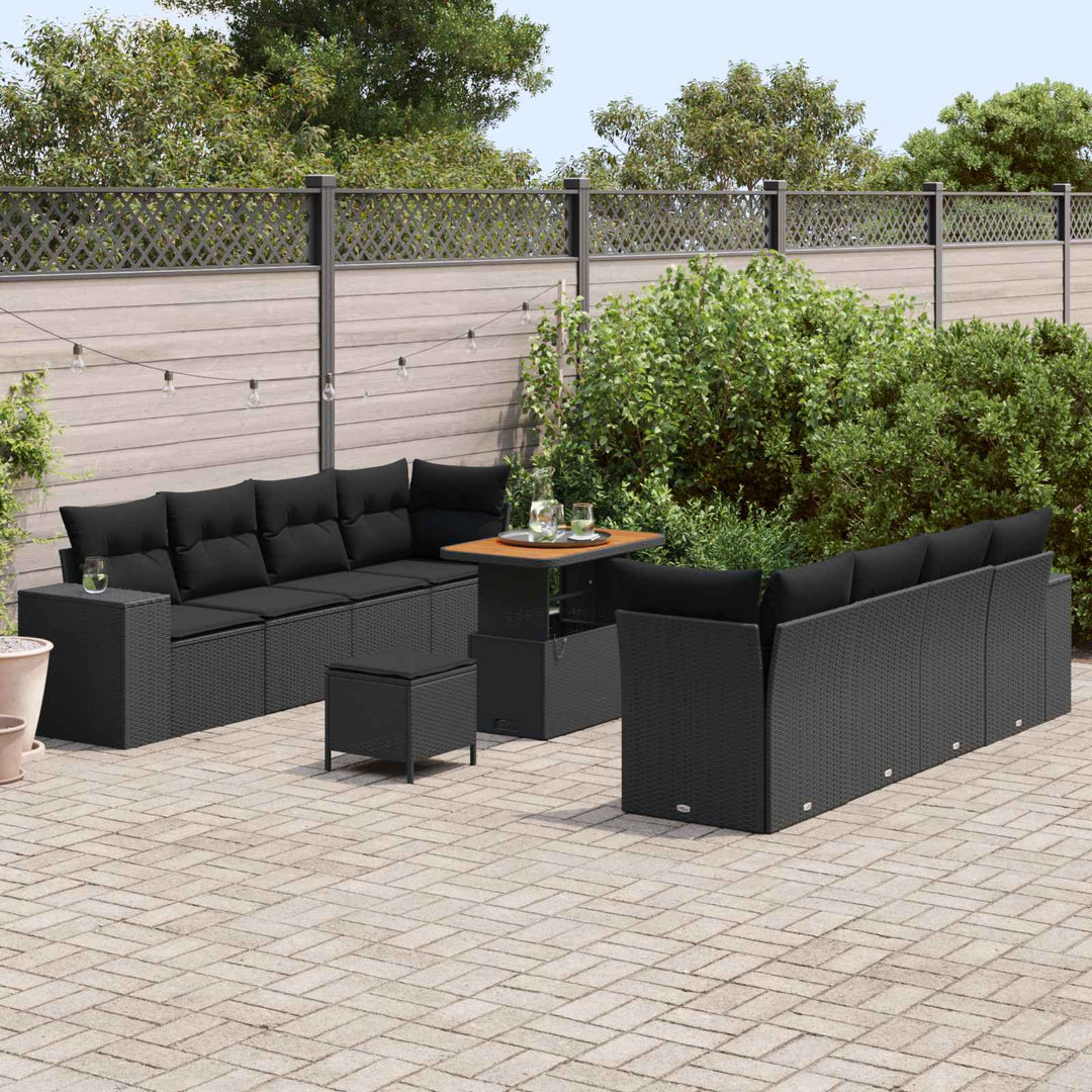 Havesofa Sæt med pude med opbevaring 11 pcs Sort polyrattan