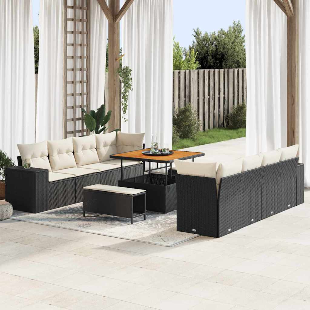 Havesofa Sæt med pude 11 pcs Sort og Cream polyrattan