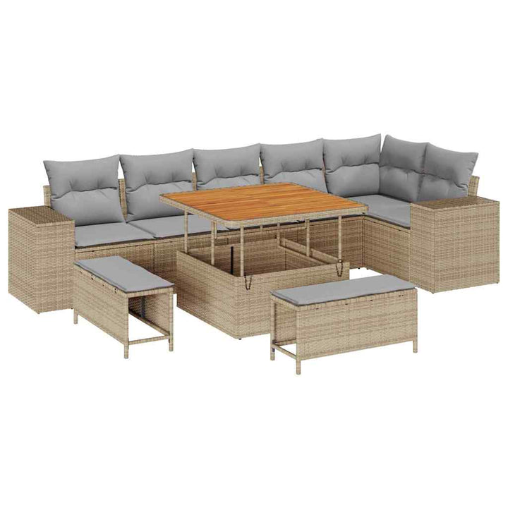 Havesofa Sæt med pude 9 pcs Beige og lys grå polyrattan
