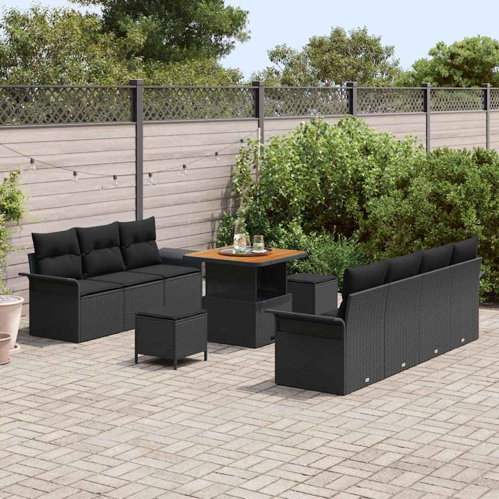 Havesofa Sæt 10 pcs Sort Polyrattan, stål og massivt akacietræ