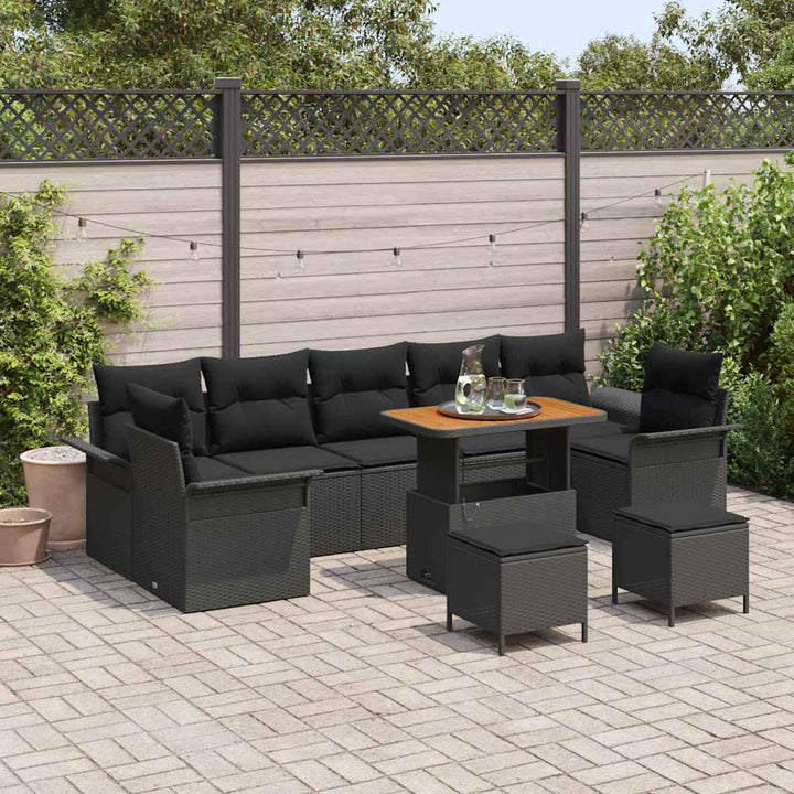 Havesofa Sæt 10 pcs Sort Polyrattan, stål og massivt akacietræ