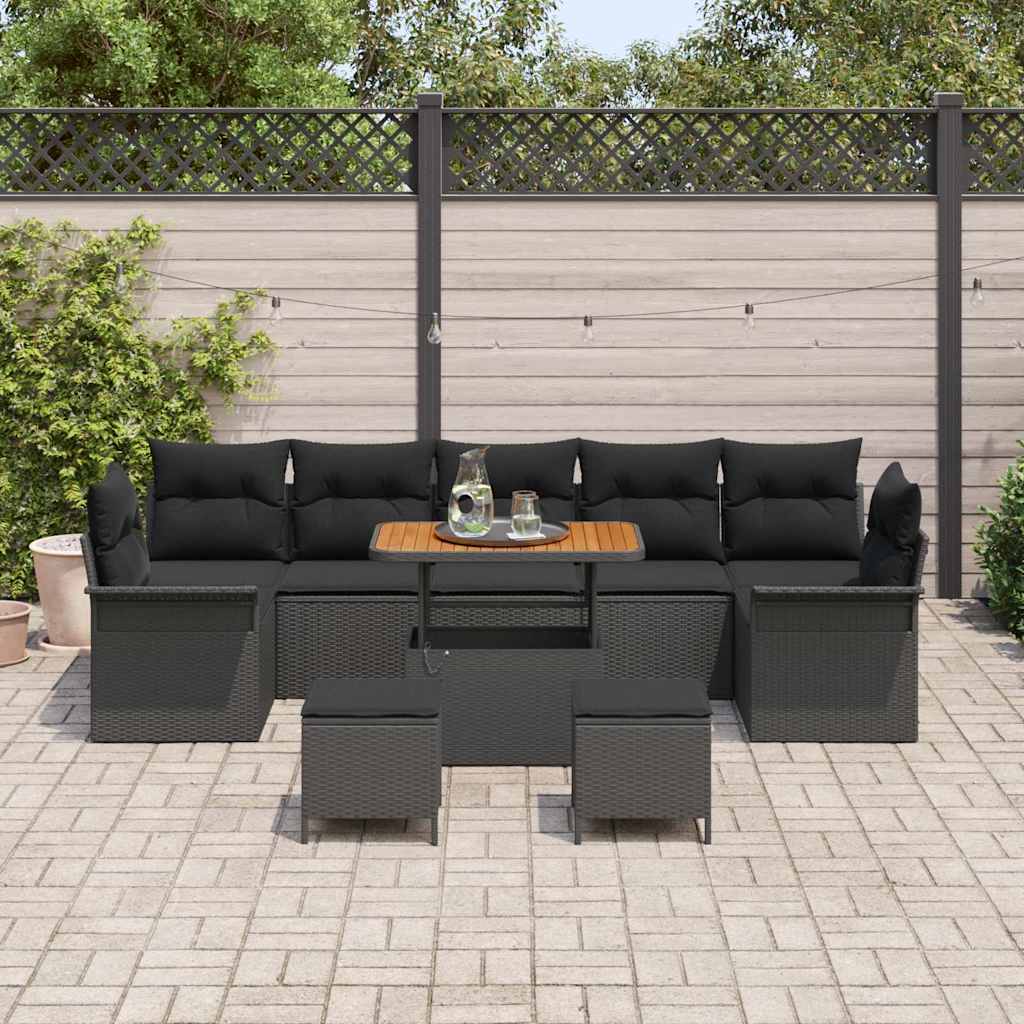 Havesofa Sæt 10 pcs Sort Polyrattan, stål og massivt akacietræ