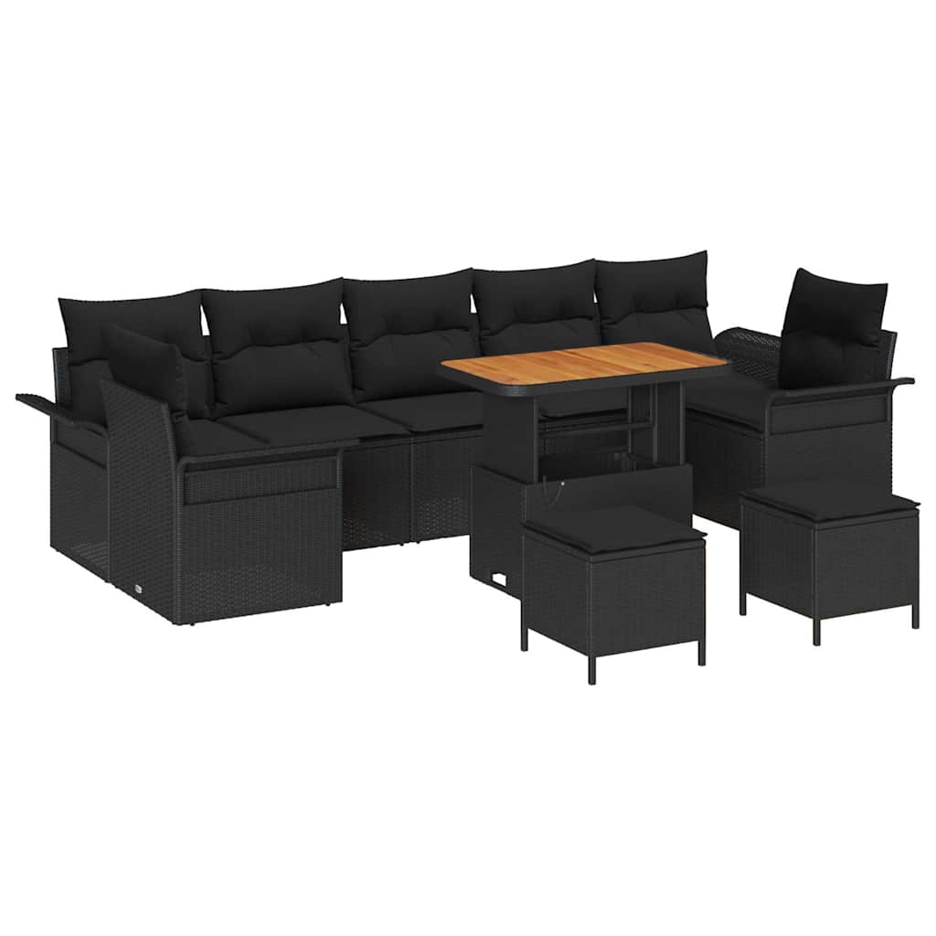 Havesofa Sæt 10 pcs Sort Polyrattan, stål og massivt akacietræ