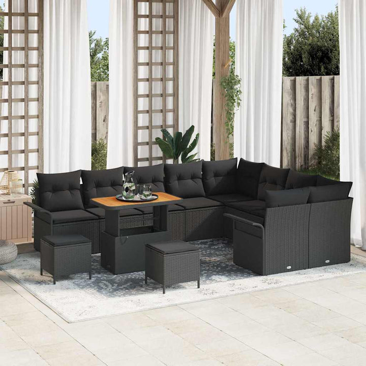 Havesofa Sæt 12 pcs Sort Polyrattan, stål og massivt akacietræ