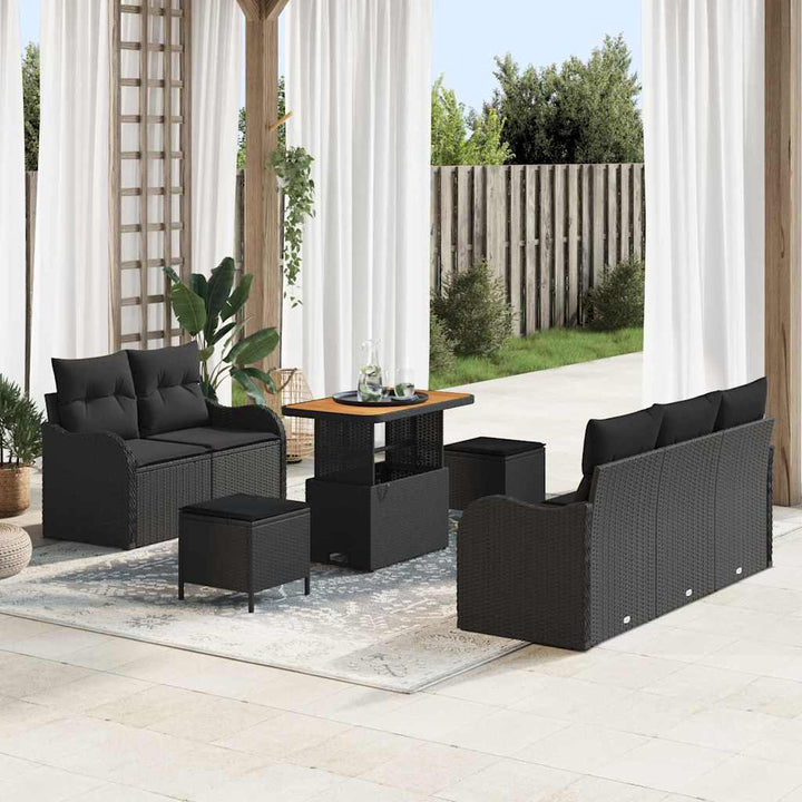 Havesofa Sæt 8 pcs Sort Polyrattan, stål og massivt akacietræ