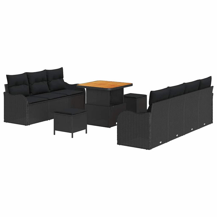 Havesofa Sæt 10 pcs Sort Polyrattan, stål og massivt akacietræ