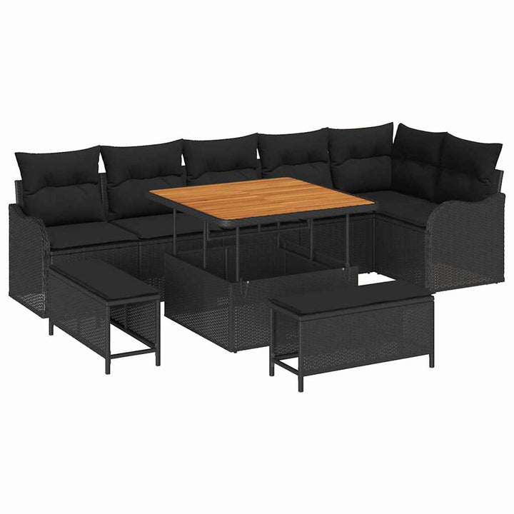 Havesofa Sæt 9 pcs Sort Polyrattan, stål og massivt akacietræ