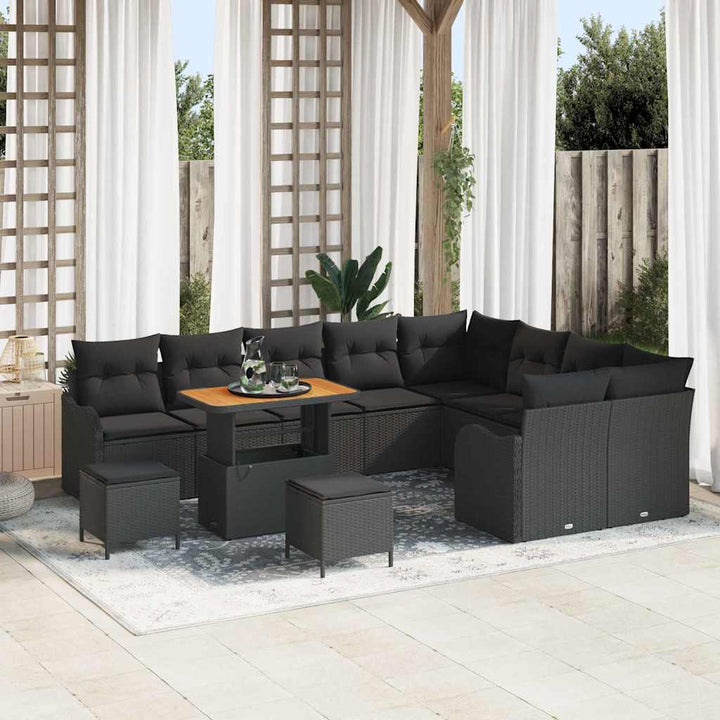 Havesofa Sæt 12 pcs Sort Polyrattan, stål og massivt akacietræ