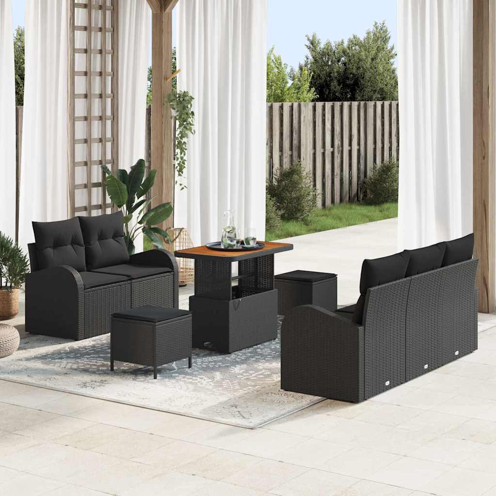 Havesofa Sæt 8 pcs Sort Polyrattan, stål og massivt akacietræ