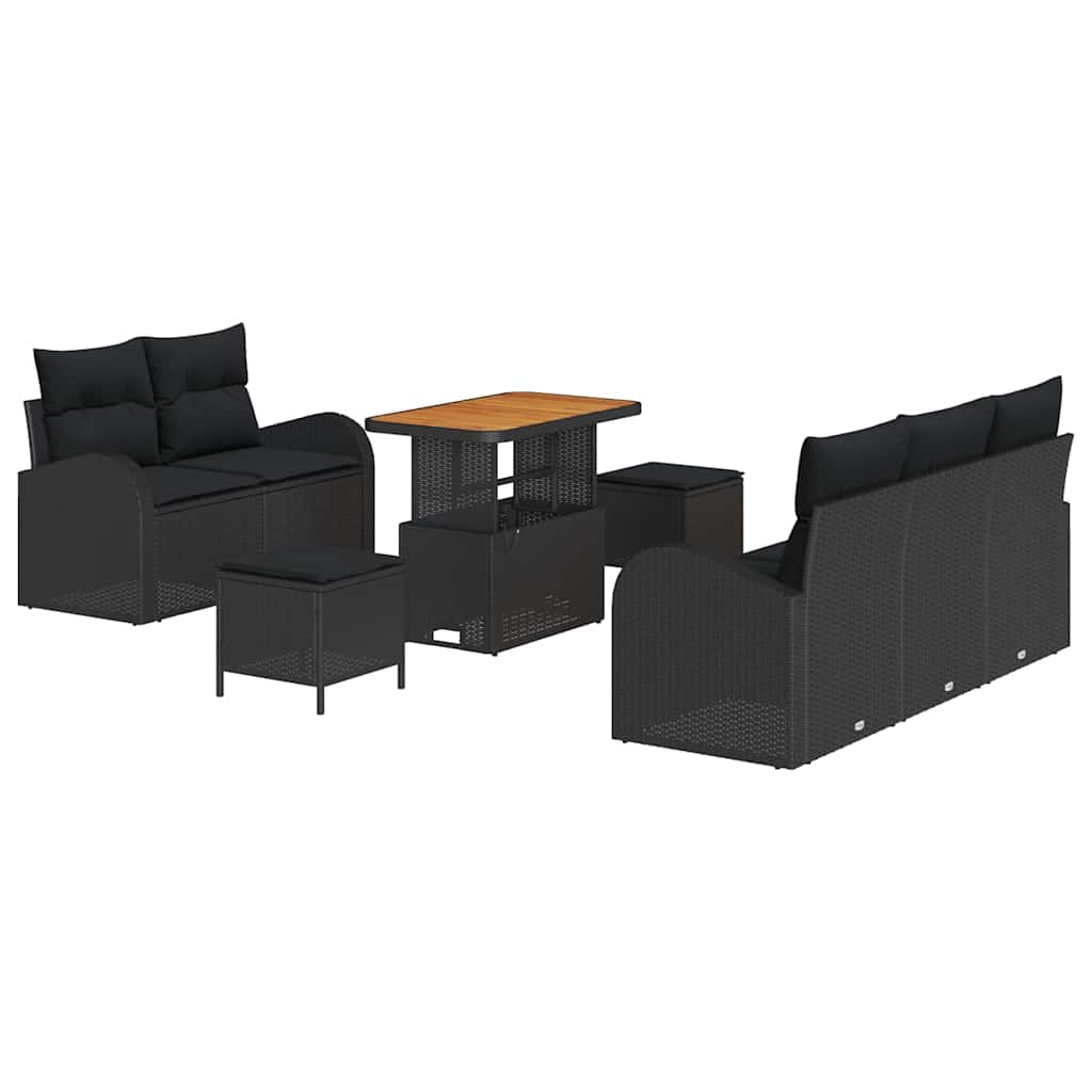 Havesofa Sæt 8 pcs Sort Polyrattan, stål og massivt akacietræ