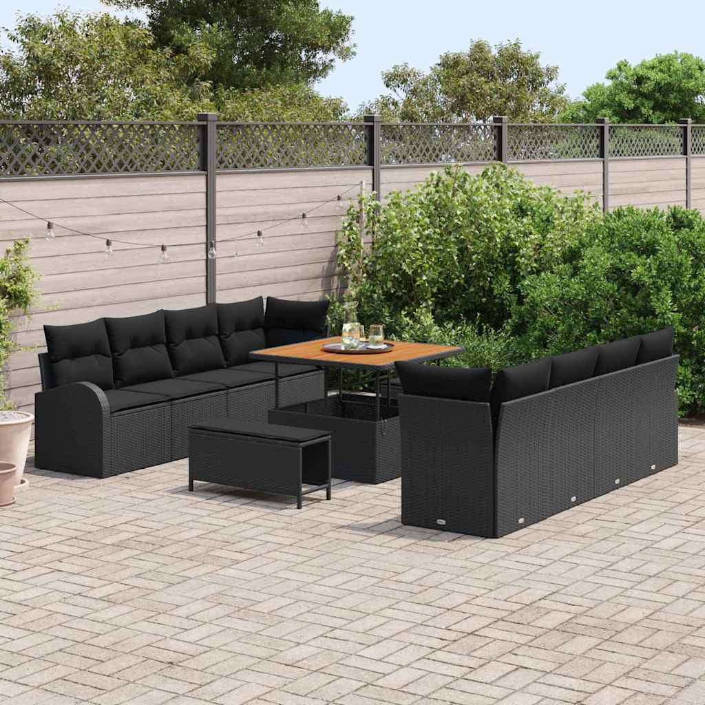 Havesofa Sæt 11 pcs Sort Polyrattan, stål og massivt akacietræ