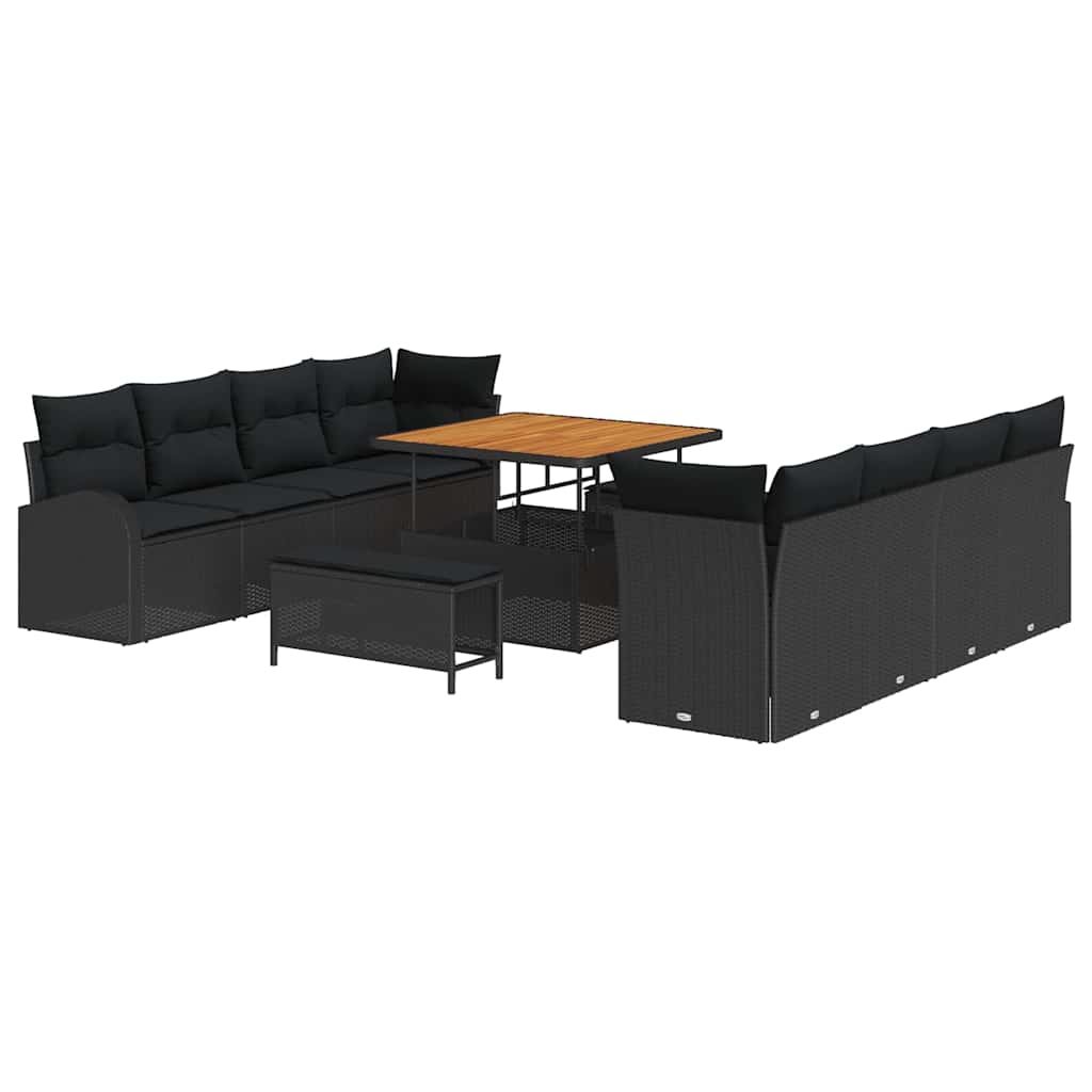 Havesofa Sæt 11 pcs Sort Polyrattan, stål og massivt akacietræ
