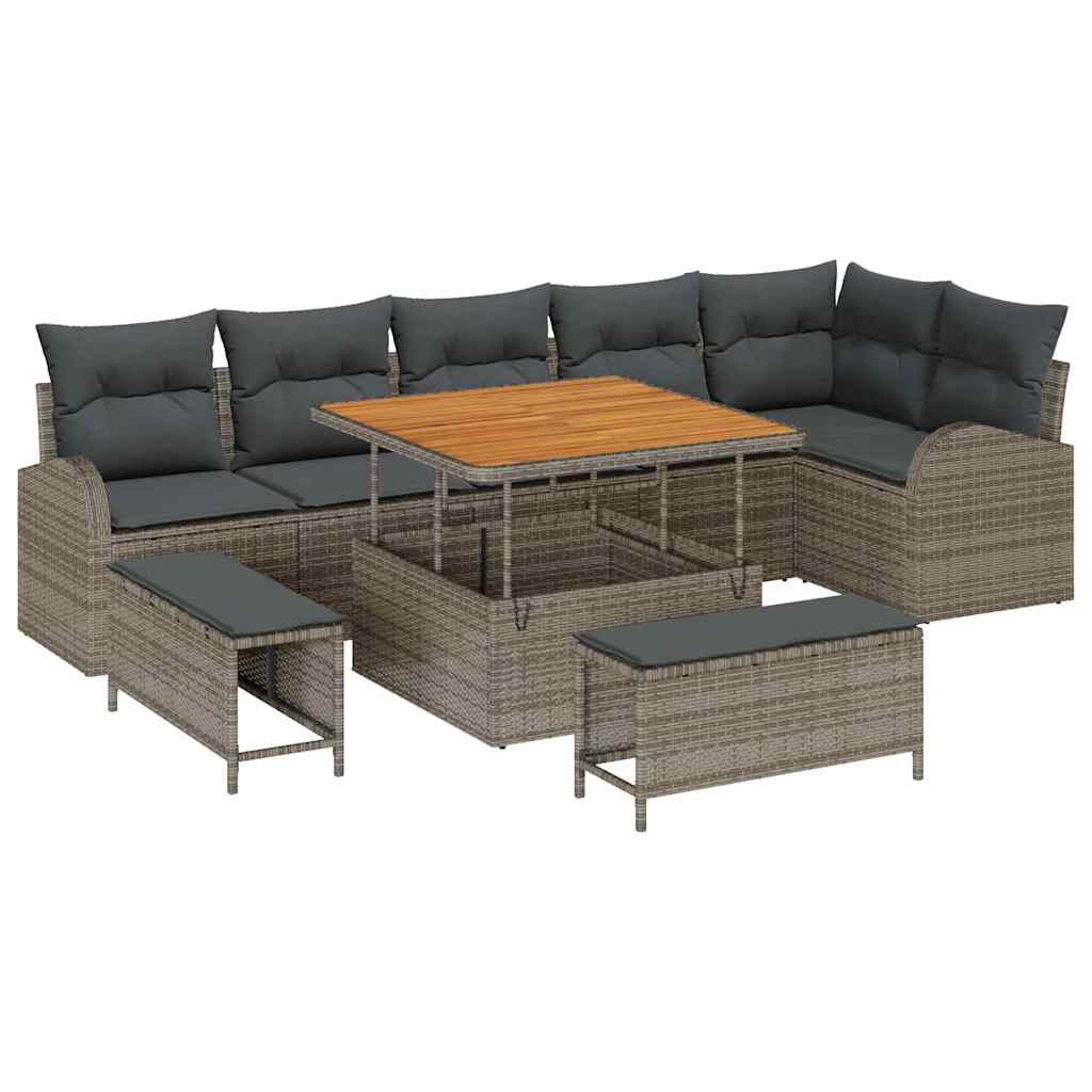 Havesofa Sæt 9 pcs Grå Polyrattan, stål og massivt akacietræ