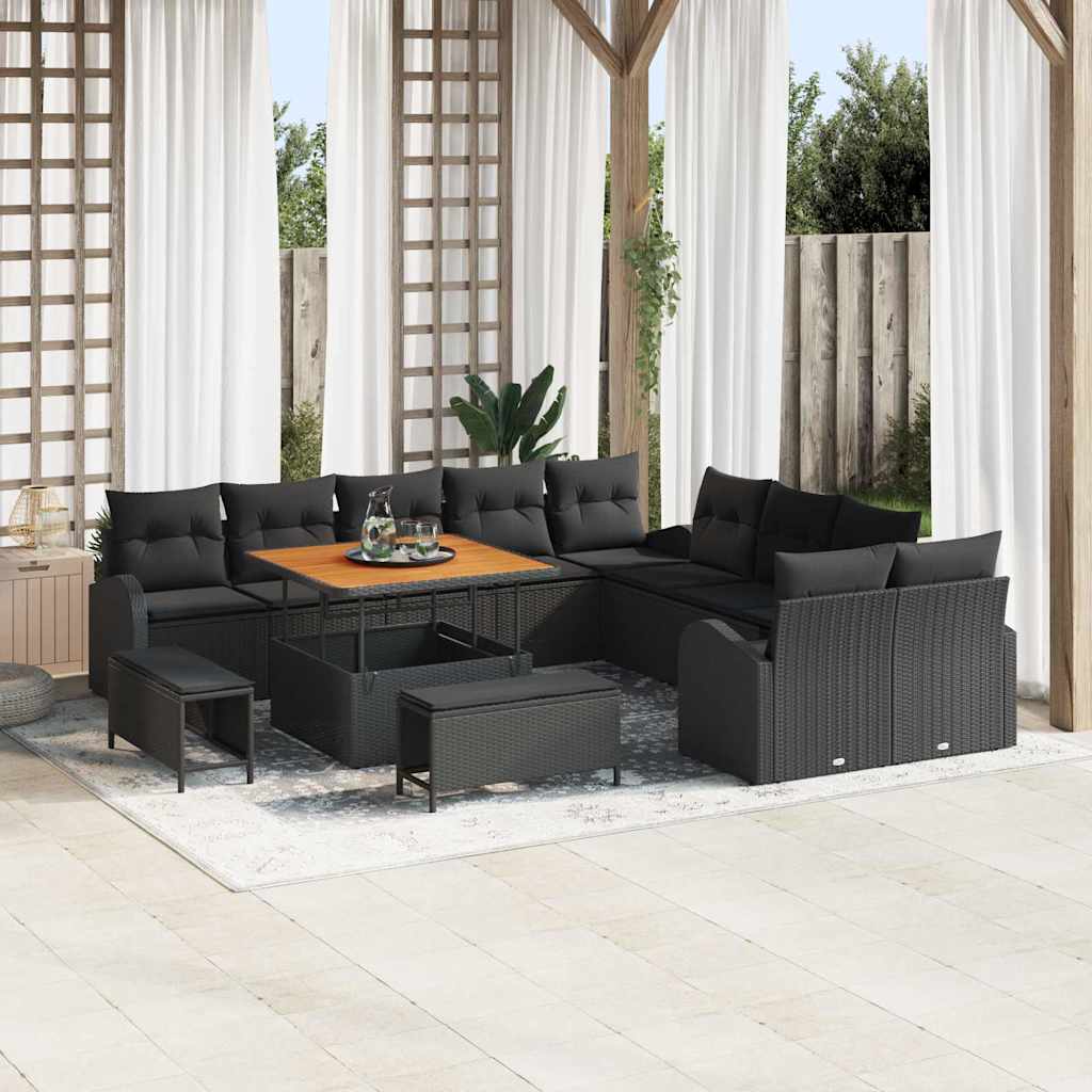 Havesofa Sæt 13 pcs Sort Polyrattan, stål og massivt akacietræ