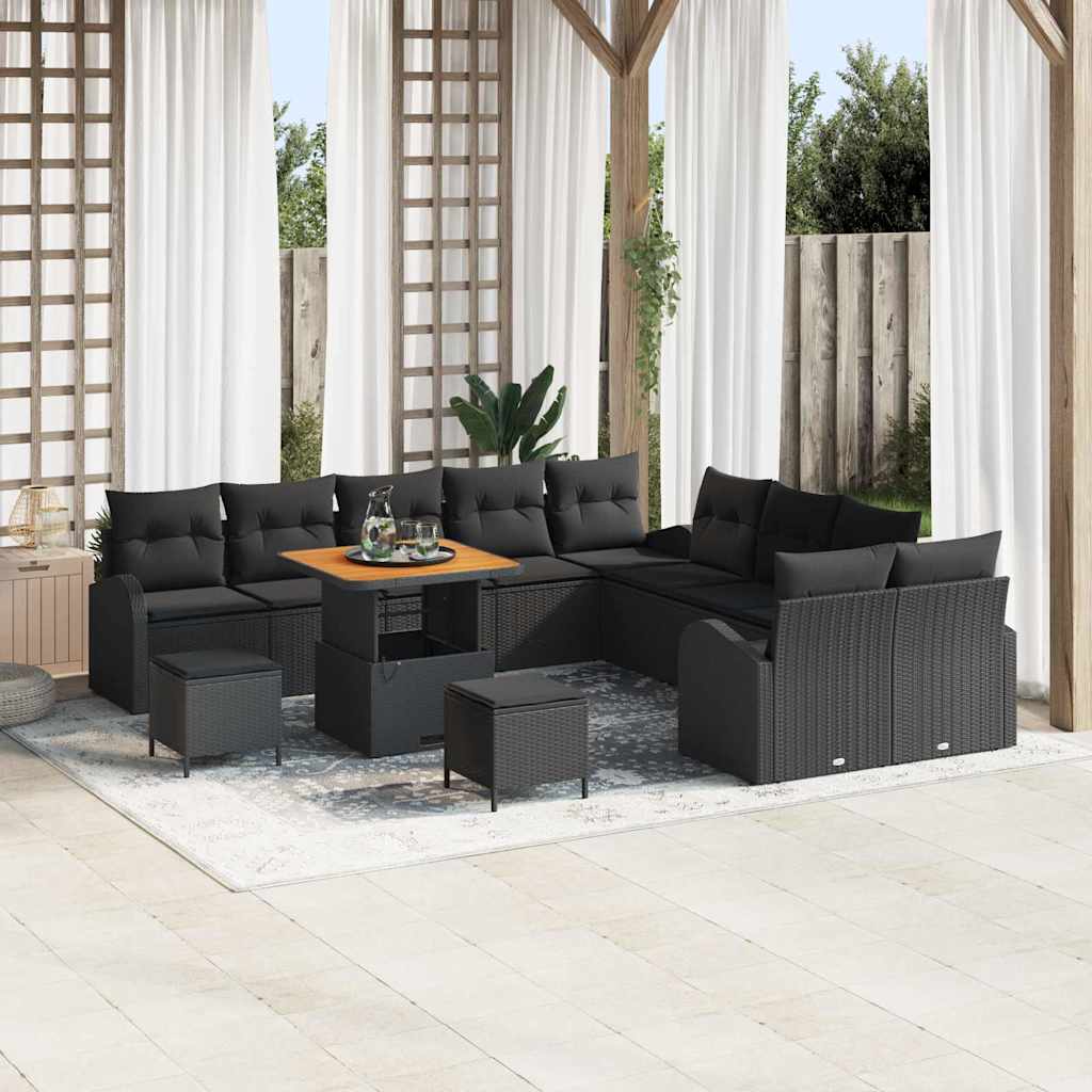 Havesofa Sæt 13 pcs Sort Polyrattan, stål og massivt akacietræ