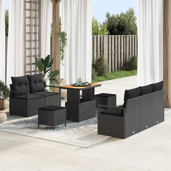 Havesofa Sæt 8 pcs Sort Polyrattan, stål og massivt akacietræ