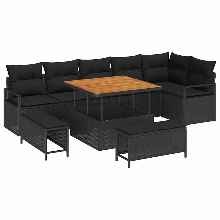 Havesofa Sæt 9 pcs Sort Polyrattan, stål og massivt akacietræ