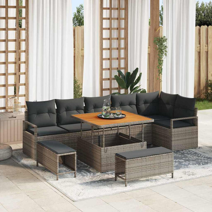 Havesofa Sæt 9 pcs Grå Polyrattan, stål og massivt akacietræ