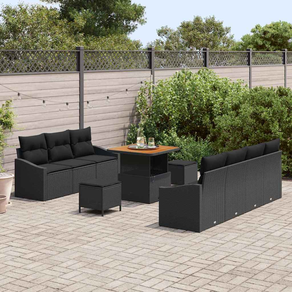 Havesofa Sæt 10 pcs Sort Polyrattan, stål og massivt akacietræ