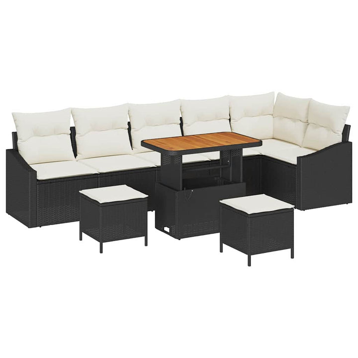 Havesofa Sæt med pude med opbevaring 9 pcs Sort Poly rattan