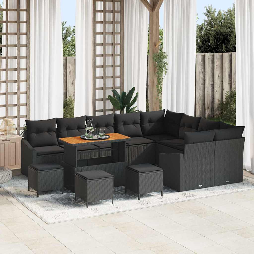 Havesofa Sæt med pude med opbevaring 13 pcs Sort Poly rattan