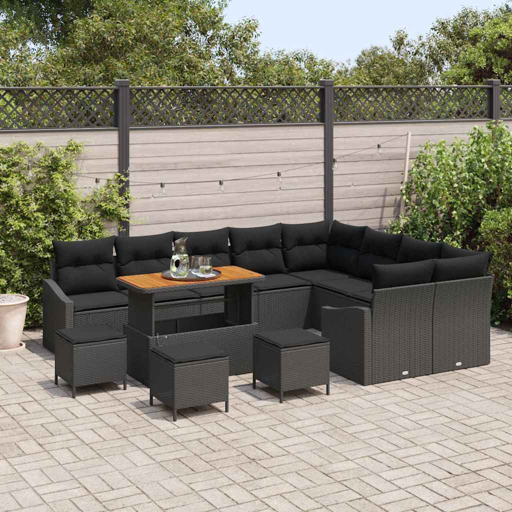 Havesofa Sæt med pude med opbevaring 13 pcs Sort Poly rattan