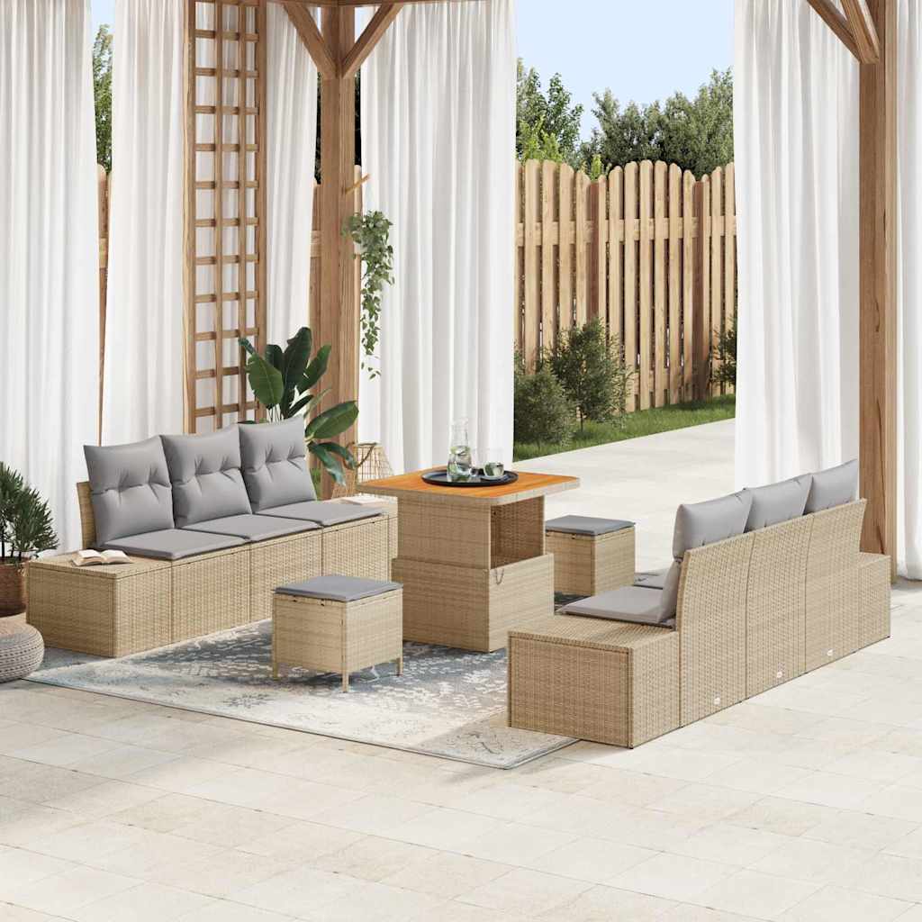 Havesofa Sæt med pude med opbevaring 9 pcs Beige Poly rattan