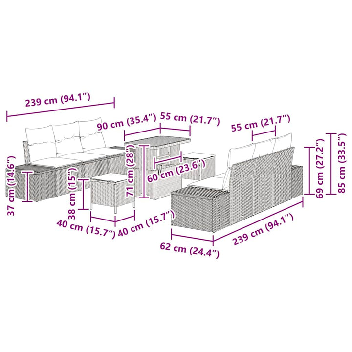Havesofa Sæt med pude med opbevaring 9 pcs Sort Poly rattan