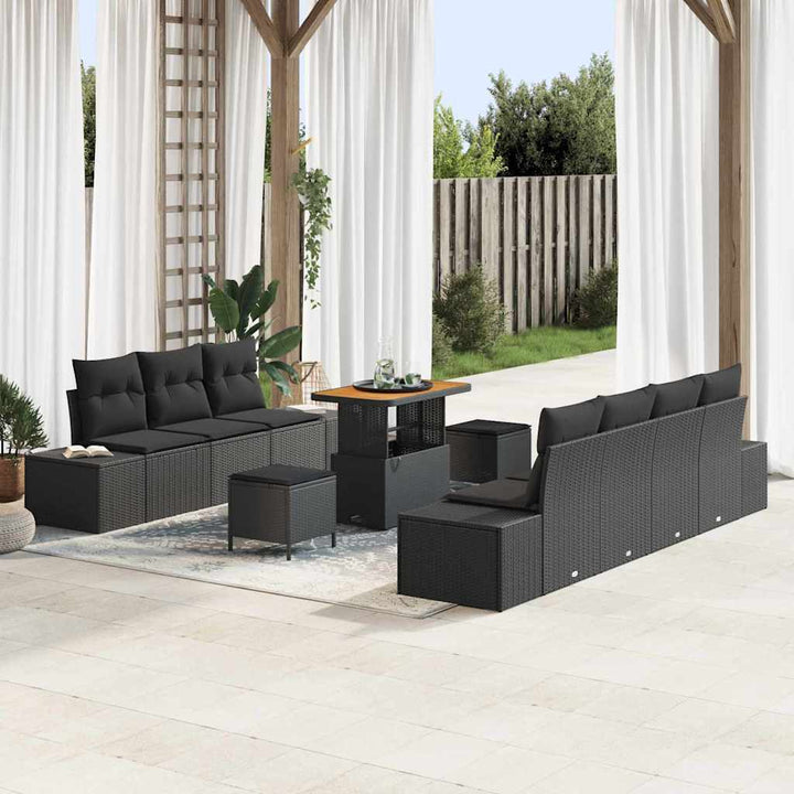 Havesofa Sæt med pude med opbevaring 10 pcs Sort Poly rattan