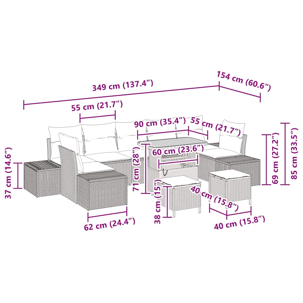 Havesofa Sæt med pude med opbevaring 10 pcs Sort Poly rattan