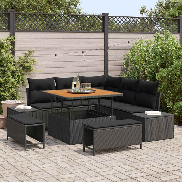 Havesofa Sæt med pude med opbevaring 8 pcs Sort Poly rattan