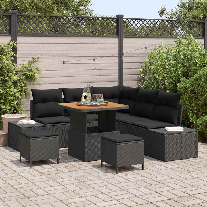 Havesofa Sæt med pude med opbevaring 8 pcs Sort Poly rattan