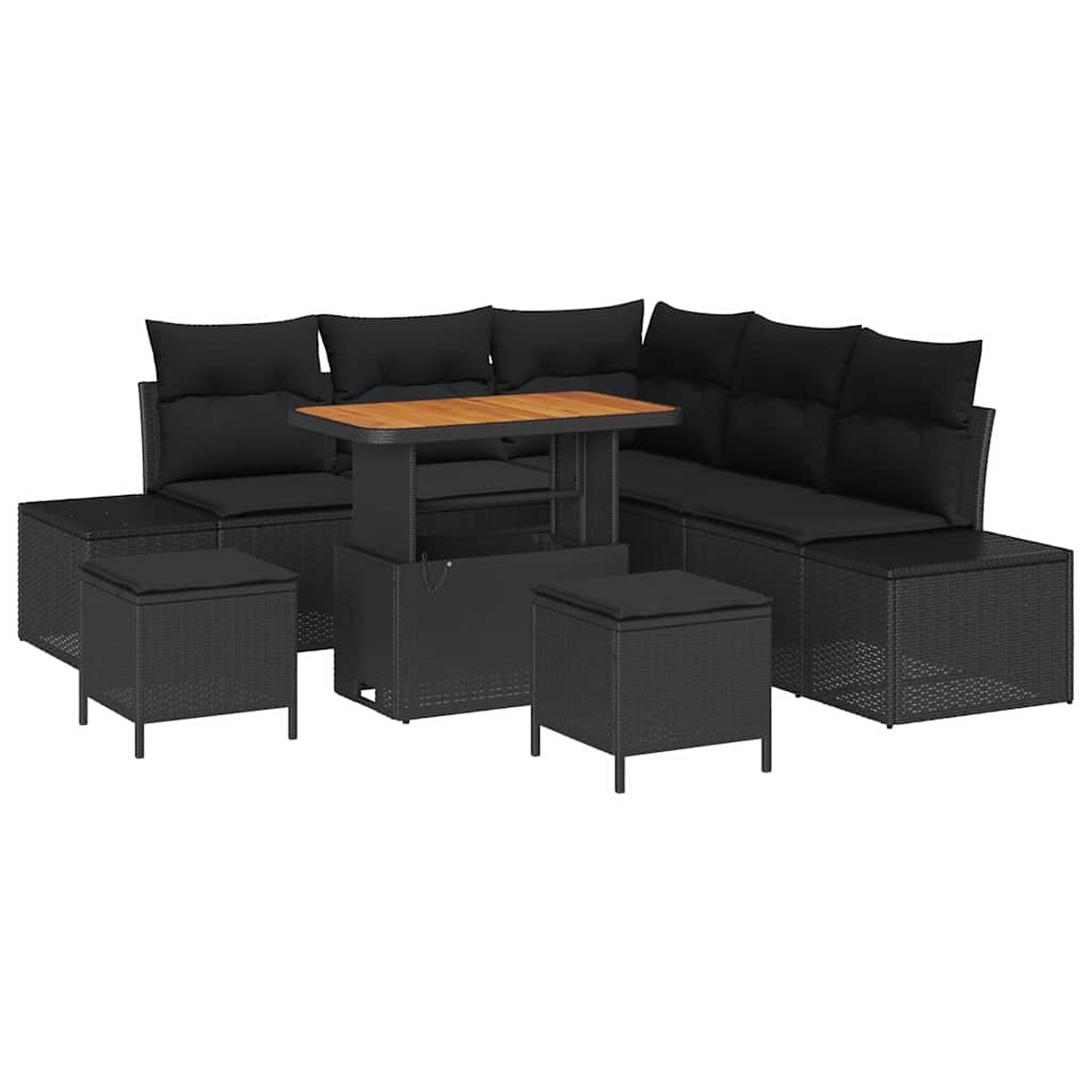 Havesofa Sæt med pude med opbevaring 8 pcs Sort Poly rattan