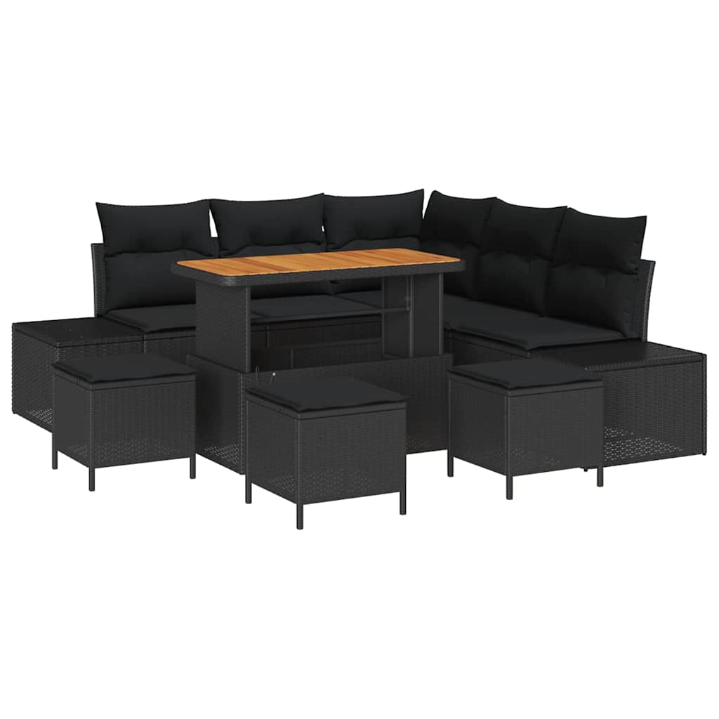 Havesofa Sæt med pude med opbevaring 9 pcs Sort Poly rattan