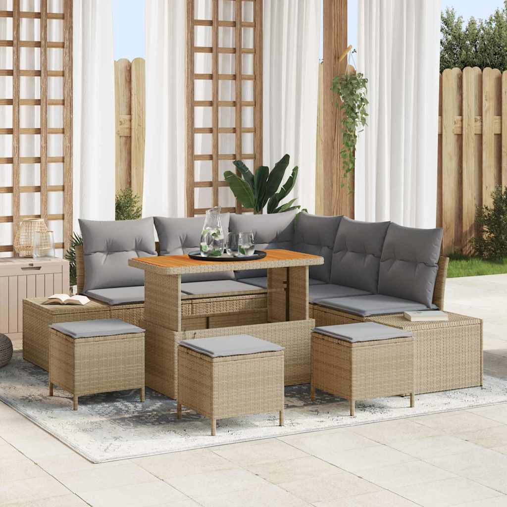 Havesofa Sæt med pude med opbevaring 9 pcs Beige Poly rattan