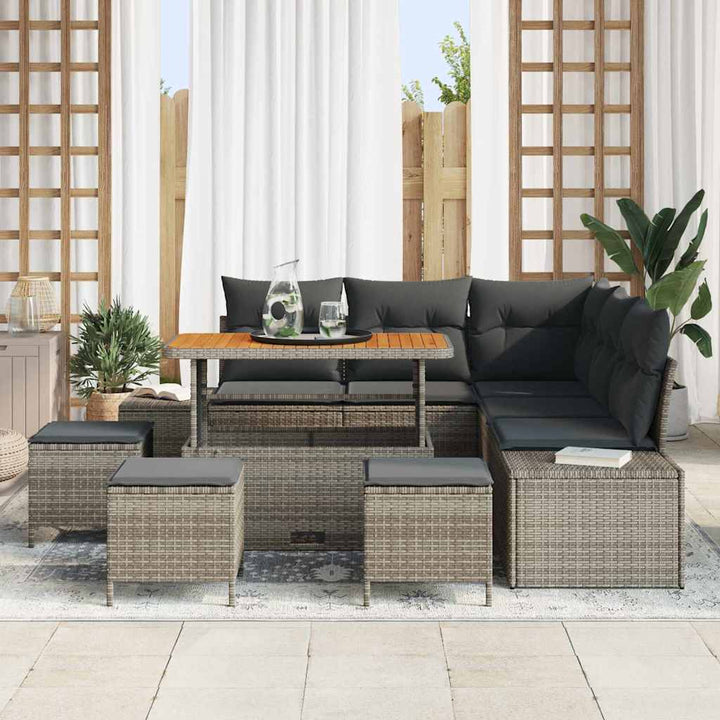Havesofa Sæt med pude med opbevaring 9 pcs Grå Poly rattan