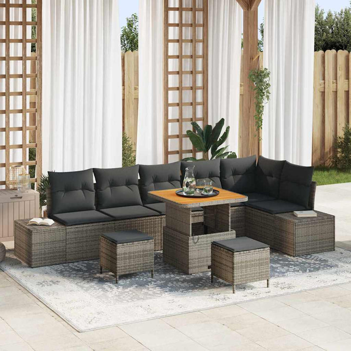 Havesofa Sæt med pude med opbevaring 9 pcs Grå Poly rattan