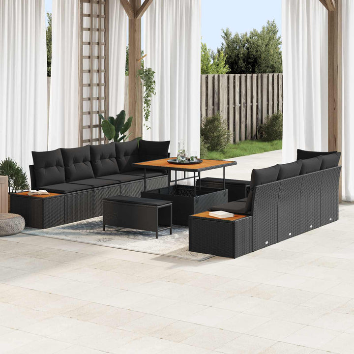 Havesofa Sæt med pude med opbevaring 11 pcs Sort Poly rattan