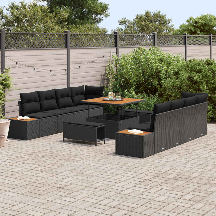 Havesofa Sæt med pude med opbevaring 11 pcs Sort Poly rattan