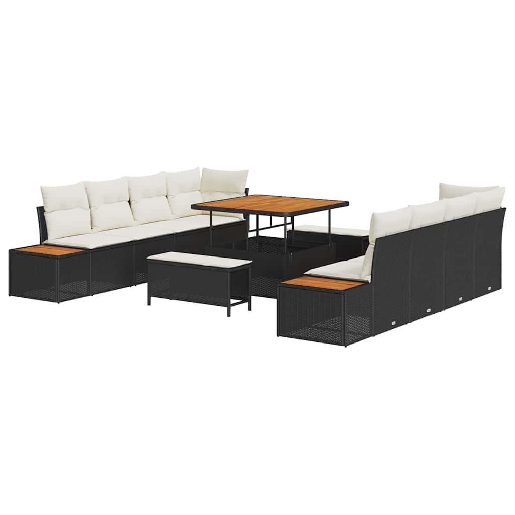 Havesofa Sæt med pude med opbevaring 11 pcs Sort Poly rattan