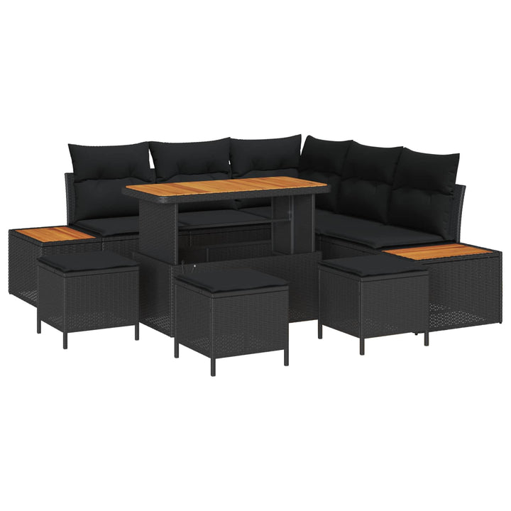 Havesofa Sæt med pude med opbevaring 9 pcs Sort Poly rattan