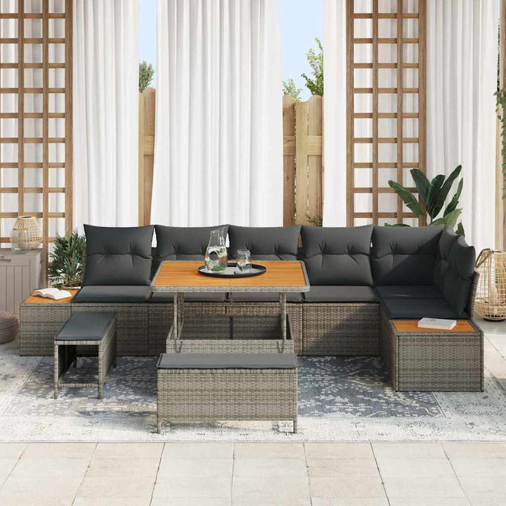 Havesofa Sæt med pude med opbevaring 9 pcs Grå Poly rattan
