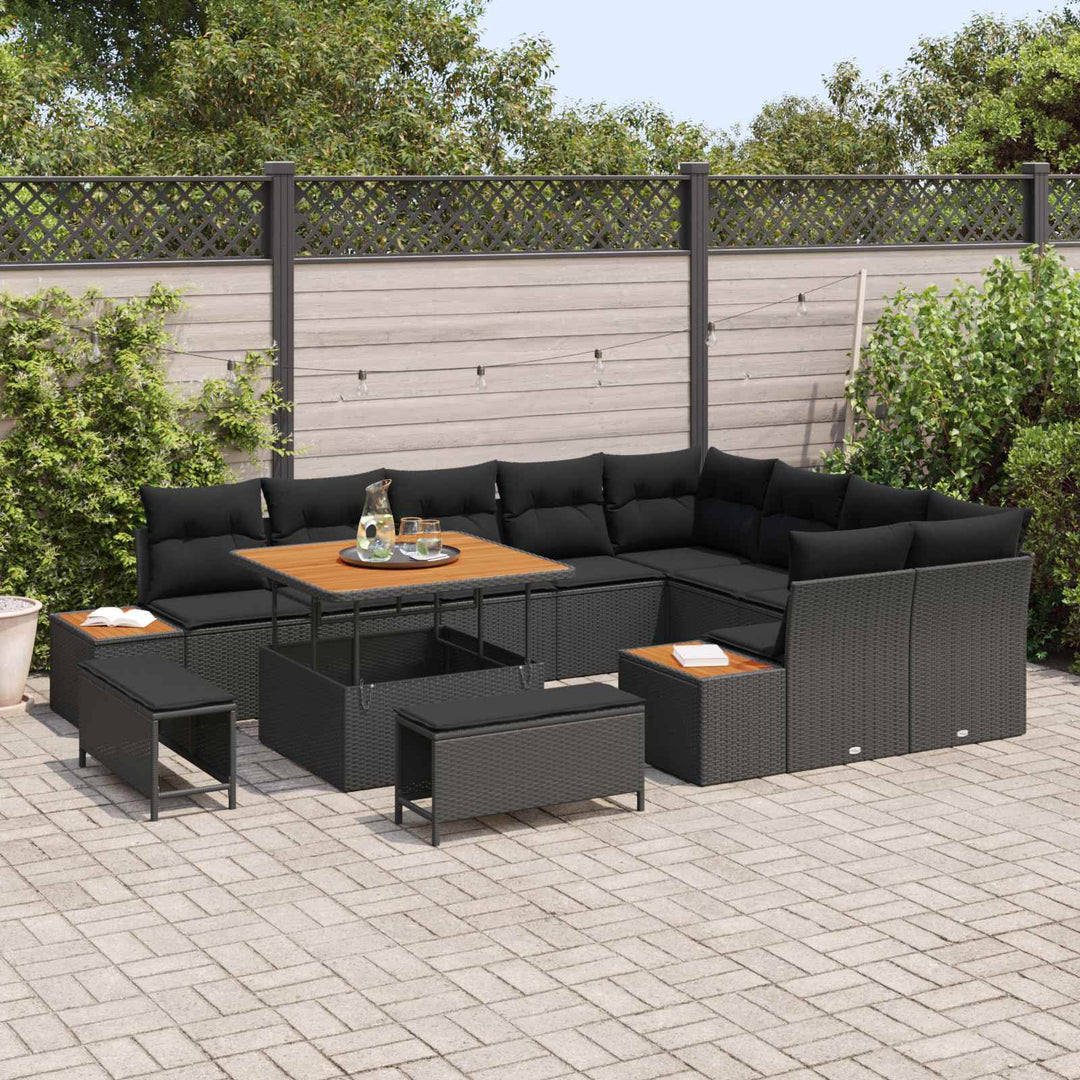 Havesofa Sæt med pude med opbevaring 12 pcs Sort Poly rattan