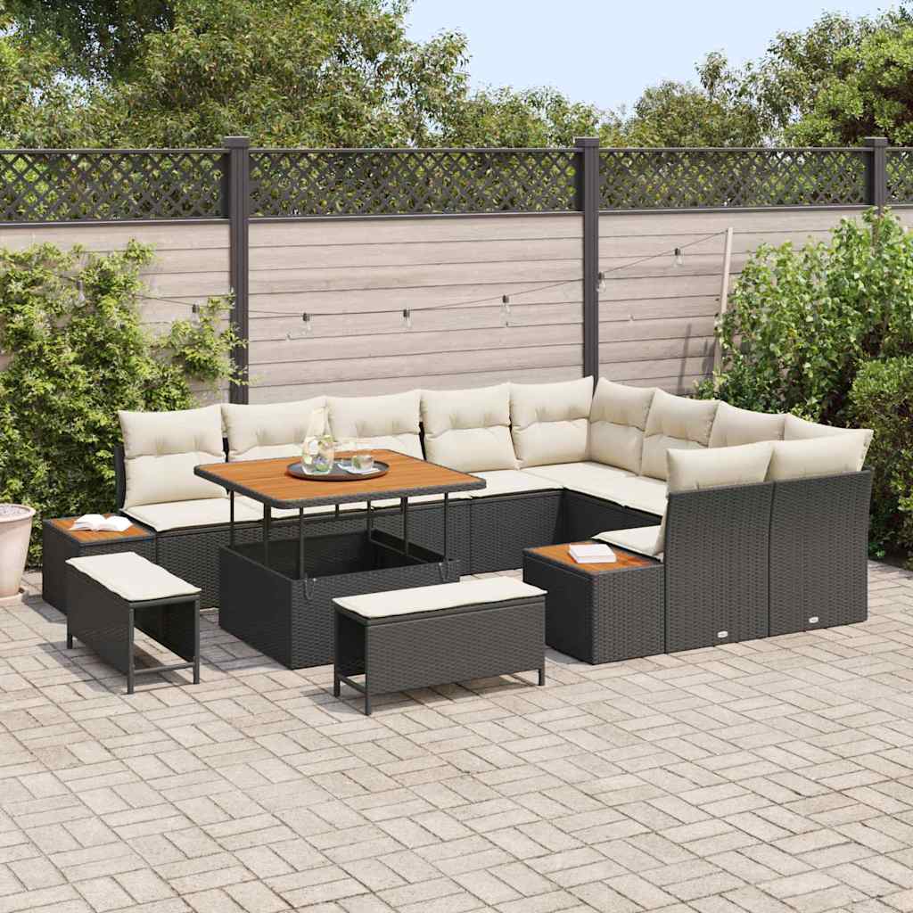 Havesofa Sæt med pude med opbevaring 12 pcs Sort Poly rattan