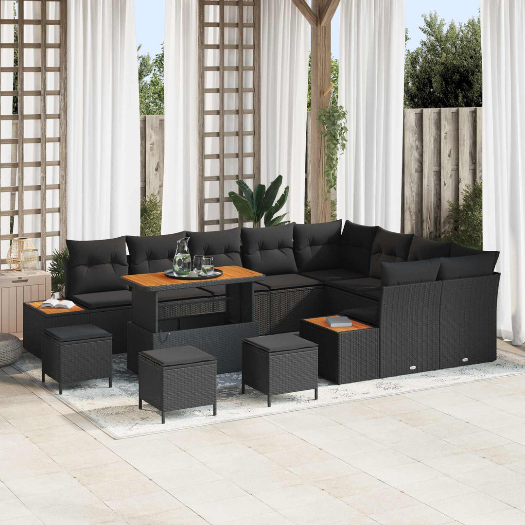Havesofa Sæt med pude med opbevaring 13 pcs Sort Poly rattan