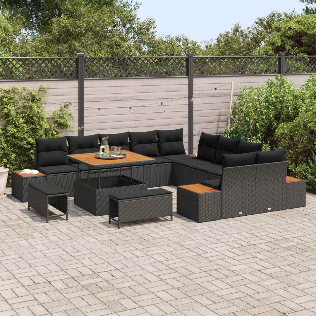 Havesofa Sæt med pude med opbevaring 13 pcs Sort Poly rattan